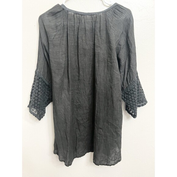 Soft Surroundings Crochet Sleeve Black Tunic Top Size Medium Boxy 100% Linen - Picture 8 of 9